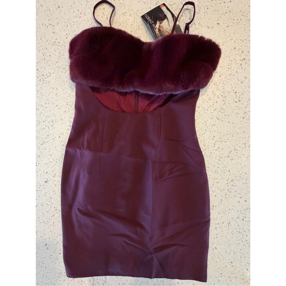 Naked Wardrobe Maroon Faux Fur Trim Mini Dress Bodycon Size S
